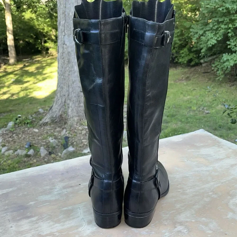 Lauren Ralph Lauren Margarite Black Leather Knee High Riding Boots 8B Buckle Zip